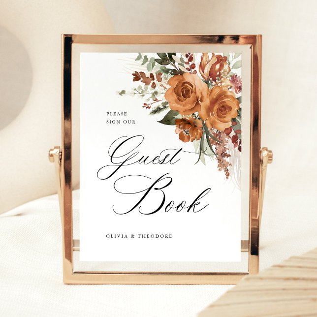 Expositor En L Libro de invitados de mesa de boda Boho Rosa Terra (Terracotta boho rose floral guest book wedding sign with elegant typography for reception table)