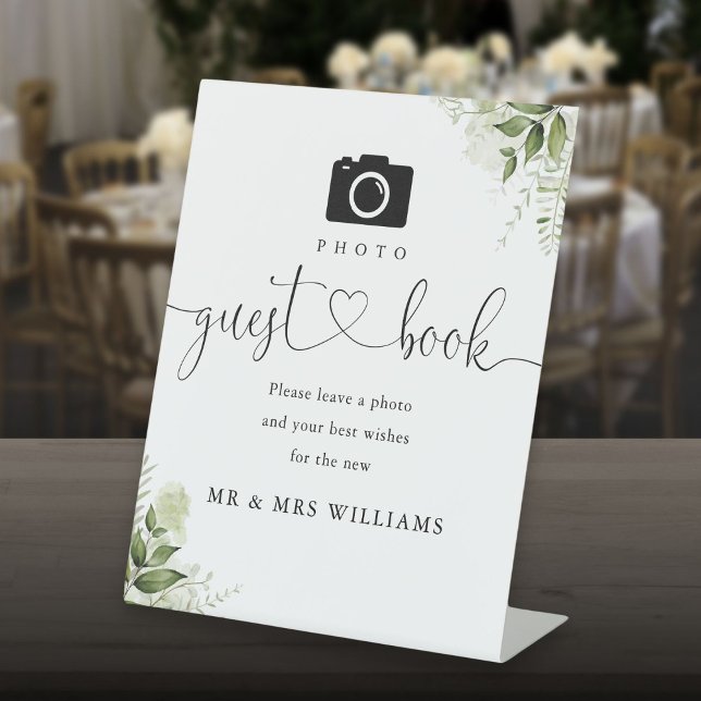 Expositor En L Libro de invitados Greenery Floral Heart Script (Photo Guest Book Greenery Floral Heart Script Pedestal Sign)