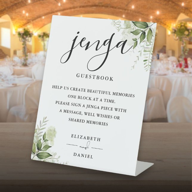 Expositor En L Libro de visitas de boda Jenga con vegetación flor (Floral Greenery Jenga Wedding Guestbook Pedestal Sign)