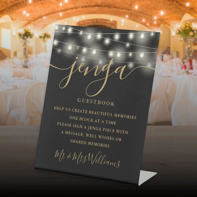 Expositor En L Libro de visitas de boda Jenga Luces de cadena Neg (Jenga Wedding Guestbook String Lights Black Gold Pedestal Sign)