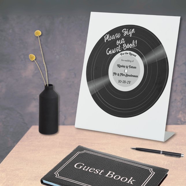 Expositor En L Libro de Visitas de Vinilo Negro y Blanco Para el  (Vinyl record guest book sign in black and gray)