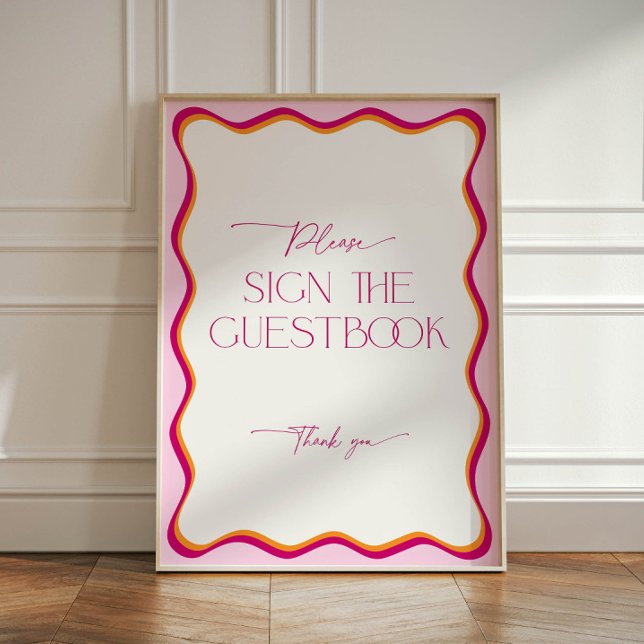 Expositor En L Libro de visitas moderno Retro Rosa y Naranja Wavy (Retro pink and orange wavy border guestbook sign)