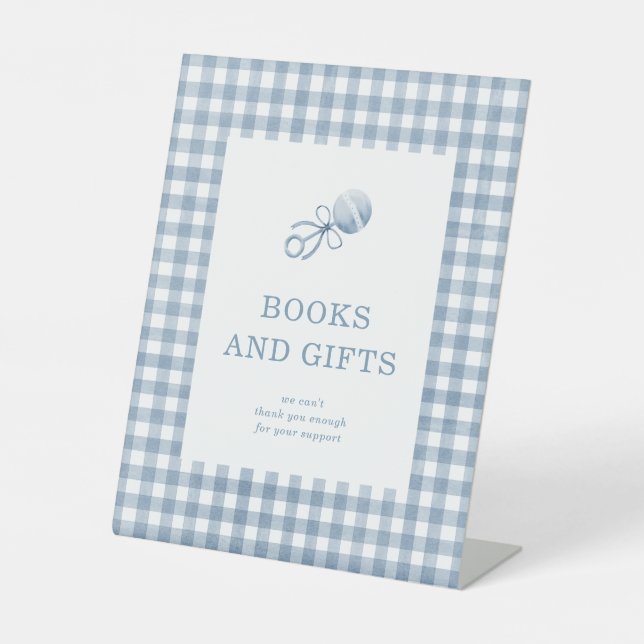 Expositor En L Libros y regalos de Baby Shower de Blue Gingham Bo (Anverso)