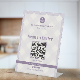 Expositor En L Lila Morado Gingham Panadería QR Escanea para Pedi