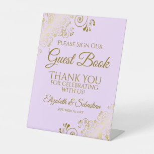 Expositor En L Lilac Purple & Gold Please Rótulo Guest Book Rótul