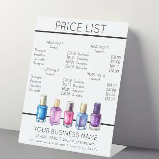 Expositor En L Lista de precios servicio menú Salón de uñas esmal