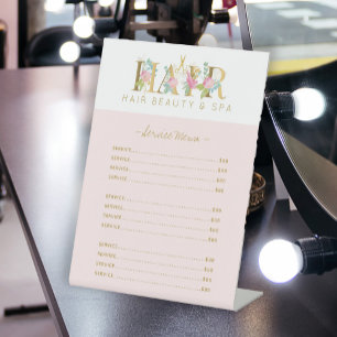 Expositor En L Lista de servicios de peluquería dorada y rosa
