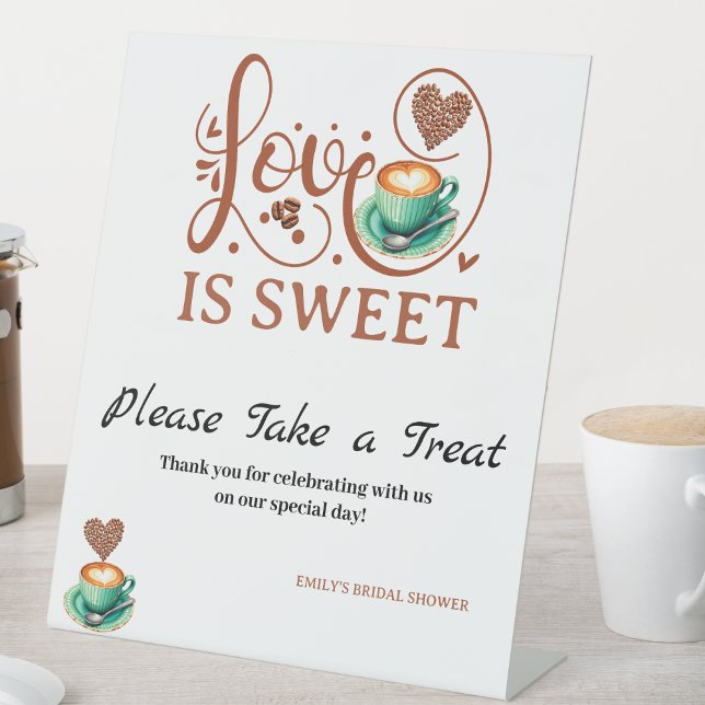 Expositor En L Love Is Sweet Coffee Heart Calligraphy Terracotta  (love is sweet wedding tabletop signs bridal shower calligraphy please take a treat winter fall theme)