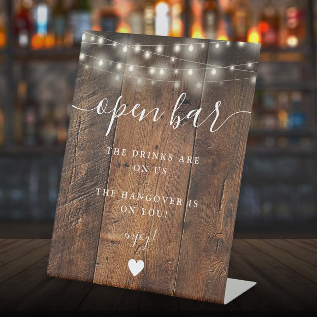 Expositor En L Luces de Cadena Rústico Boho Granero Madera Barra  (String Lights Rustic Boho Barn Wood Open Bar Pedestal Sign)