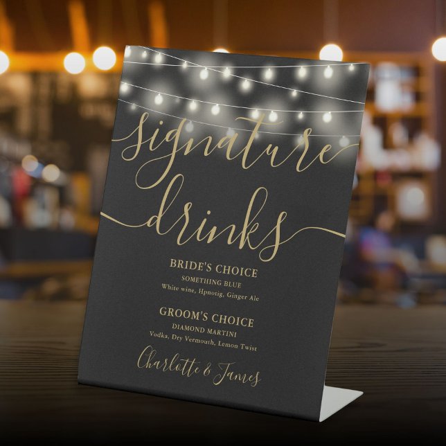 Expositor En L Luces de Cadenas Negras Bebidas de Firma Bodas Dor (String Lights Black Gold Wedding Signature Drinks Pedestal Sign)
