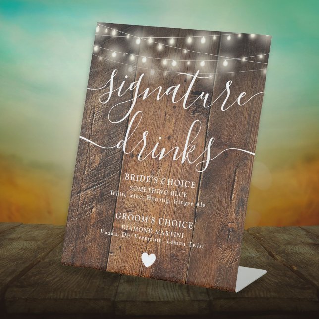 Expositor En L Luces de Cuerda Bebidas Destacadas de Madera Rústi (String Lights Rustic Wood Barn Signature Drinks Pedestal Sign)