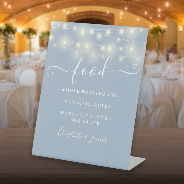 Expositor En L Luces de Cuerda Elegantes Modernas Menú de Comida  (Modern Elegant String Lights Dusty Blue Food Menu Pedestal Sign)