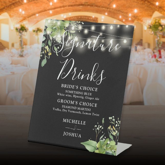 Expositor En L Luces Verdes Bebidas Con Firmas En Blanco Y Negro (Greenery Lights Black And White Signature Drinks Pedestal Sign)