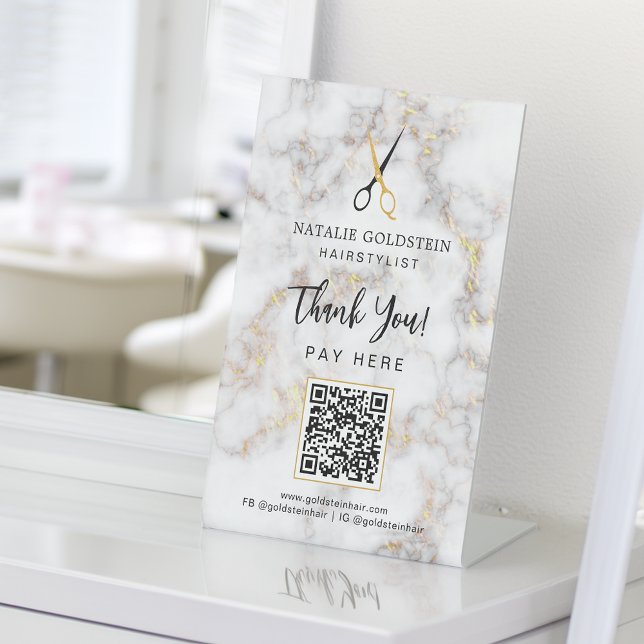 Expositor En L Marble Black Gold Scisor QR Code Pay Here (Marble Black Gold Scissor QR Code Pay Here Pedestal Sign)