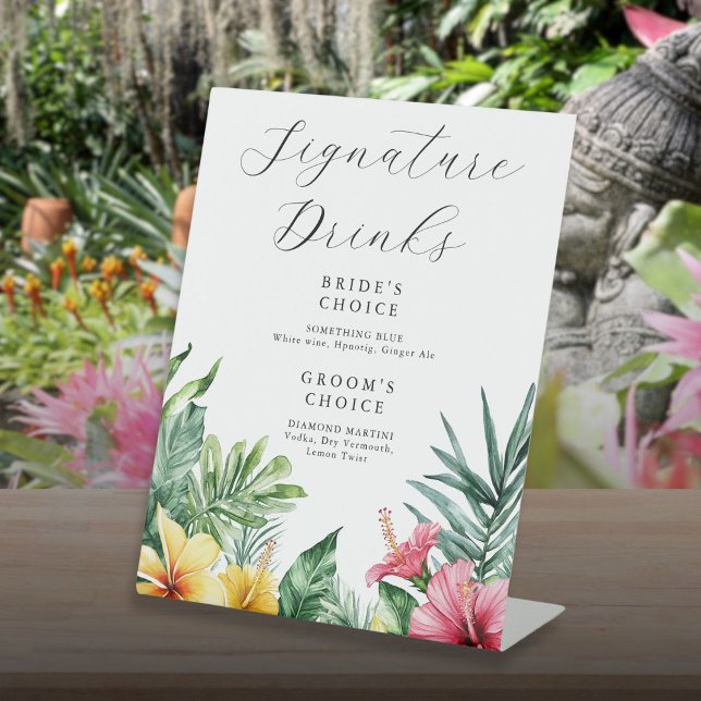 Expositor En L Marca tropical acuática Boda de bebidas (Watercolor Tropical Signature Drinks Wedding Pedestal Sign)
