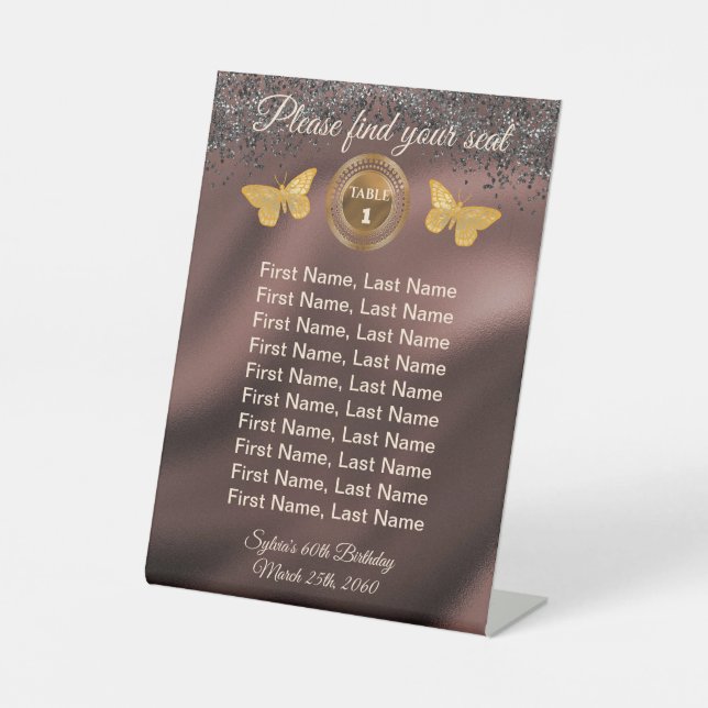 Expositor En L Mariposa y brillo negro, letrero de número de mesa (Anverso)