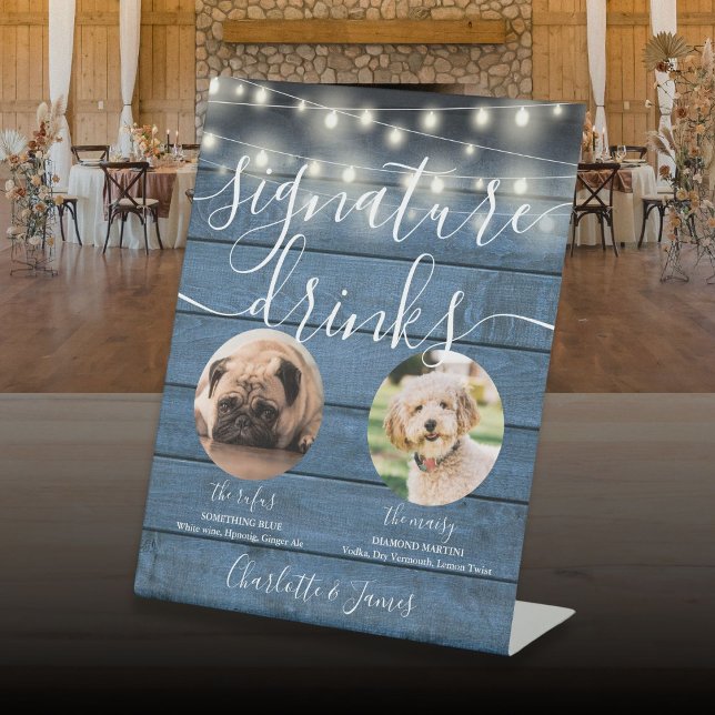 Expositor En L Mascota Perro Firma Bebe Cadena Luces Madera Azul (Pet Dog Signature Drinks String Lights Blue Wood Pedestal Sign)