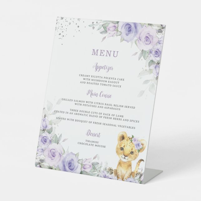 Expositor En L Menú Baby Shower Purple Lavender Floral Cute Lion (Anverso)