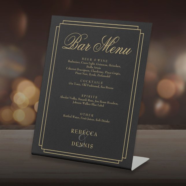 Expositor En L Menú Bar Boda Art Deco Clásico Negro Y Oro (Black And Gold Classic Art Deco Wedding Bar Menu Pedestal Sign)
