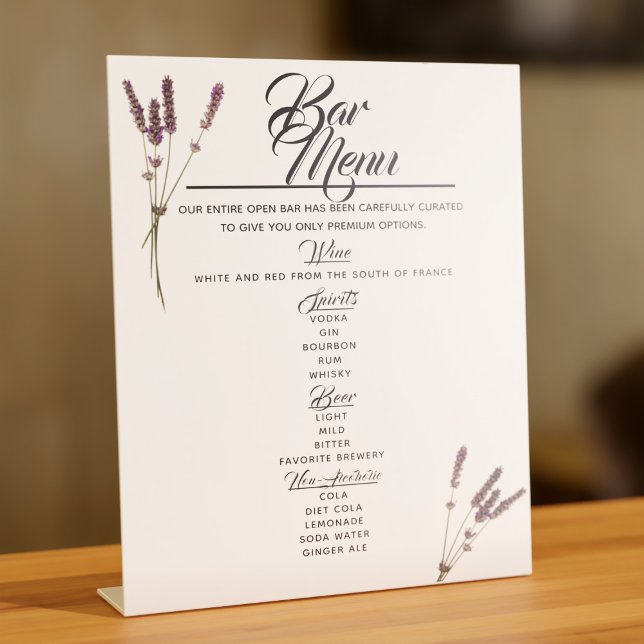 Expositor En L Menú Bar Lavender Boda Bebe Rótulo Pedestal (A lovely lavender Bar Menu pedestal sign for your list of drinks available at your wedding. )