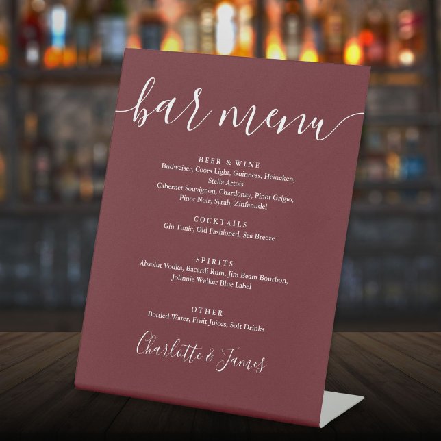 Expositor En L Menú Boda de guion rosado elegante de palisandro (Rosewood Pink Elegant Script Wedding Bar Menu Pedestal Sign)