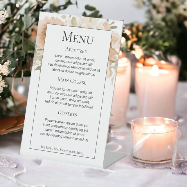 Expositor En L Menú Boda personalizado de las flores de melocotón (Muted Peach Flowers Personalized Wedding Menu Pedestal Sign from Ricaso)