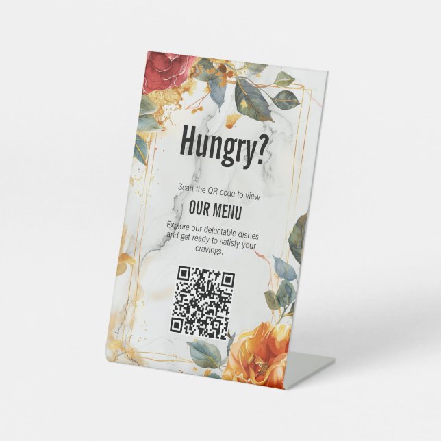 Expositor En L menú boda +Rosa Naranja de los sueños de mármol QR (Anverso)