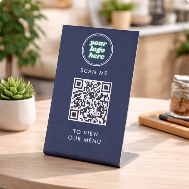 Expositor En L Menú Código QR | Logo Azul Marino Contactless Mode (QR Code Black Menu Logo Contactless Modern Cafe Pedestal Sign)
