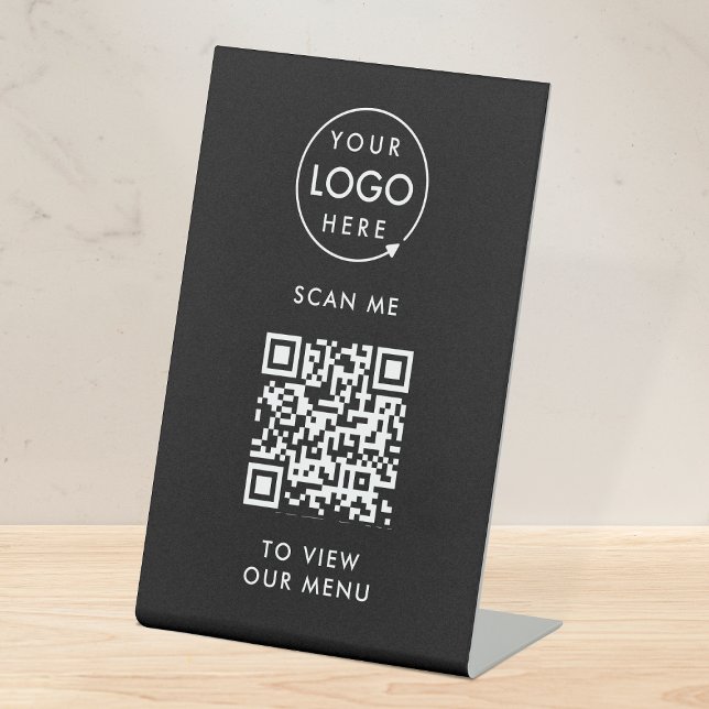 Expositor En L Menú Código QR | Logotipo Negro sin contacto Moder (Branded interactive QR code menu table signs for restaurants, bars, cafes & hospitality events!)