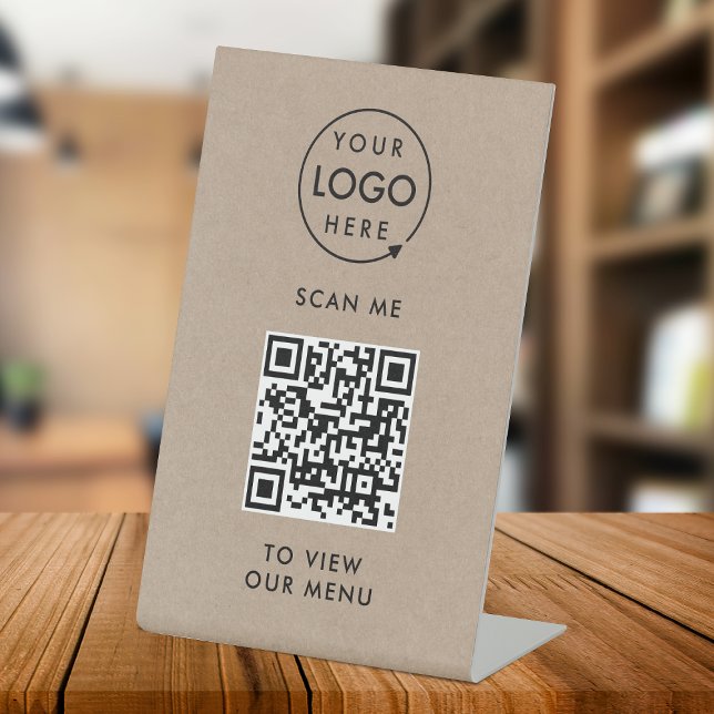 Expositor En L Menú Código QR | Logotipo Rústico sin contacto (Branded interactive QR code menu table signs for restaurants, bars, cafes & hospitality events!)