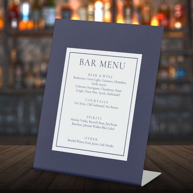 Expositor En L Menú de barra azul marino moderno clásico (Classic Modern Navy Blue Bar Menu Pedestal Sign)
