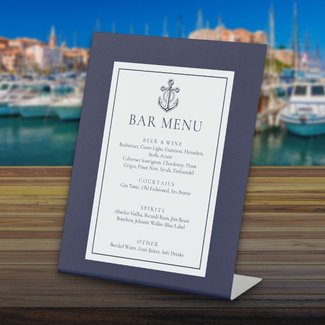 Expositor En L Menú de barra clásico de ancla náutica azul marino (Classic Nautical Anchor Navy Blue Bar Menu Pedestal Sign)