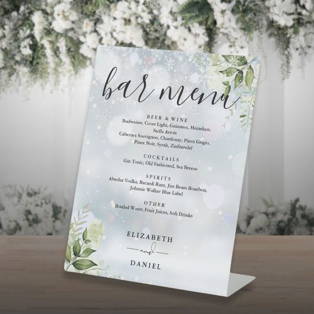 Expositor En L Menú de barra de boda de flores de invierno (Winter Floral Greenery Wedding Bar Menu Pedestal Sign)