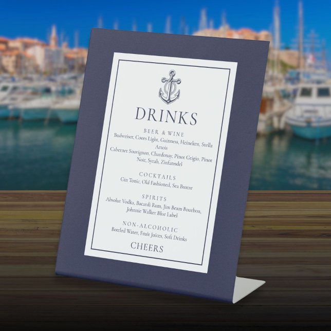 Expositor En L Menú de Bebidas Ancla Náutica Azul Marino (Navy Blue Nautical Anchor Drinks Menu Pedestal Sign)