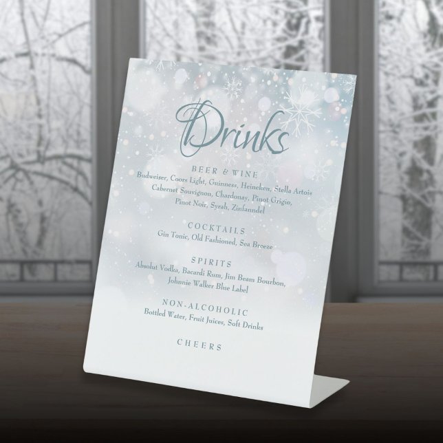 Expositor En L Menú de Bebidas Copos de Nieve de Invierno (Winter Snowflakes Drinks Menu Pedestal Sign)