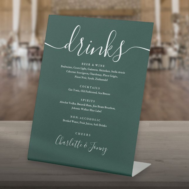Expositor En L Menú de bebidas de Boda de escritura con firma ver (Emerald Green Signature Script Wedding Drinks Menu Pedestal Sign)
