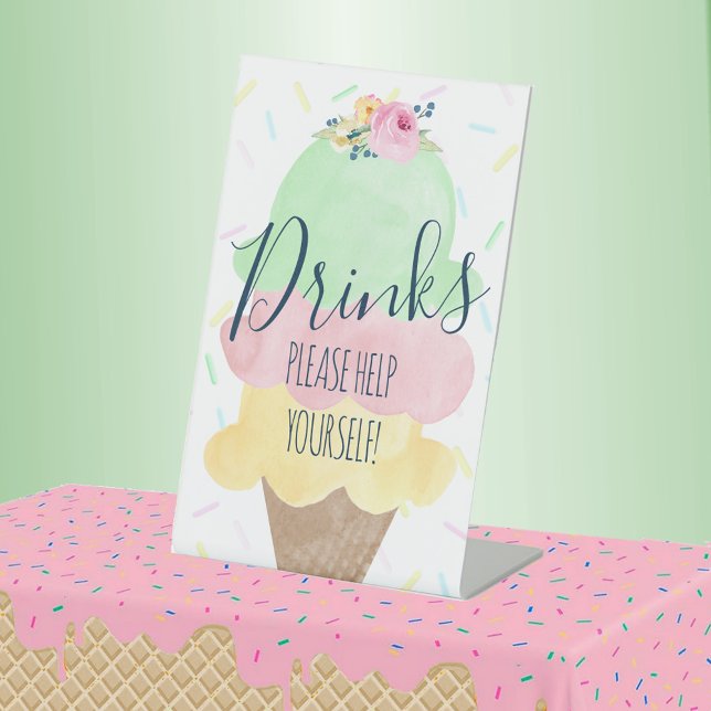Expositor En L Menú de bebidas de Fiesta de helado acuático (Drinks Watercolor Ice Cream Bridal Shower Pedestal Table Sign)