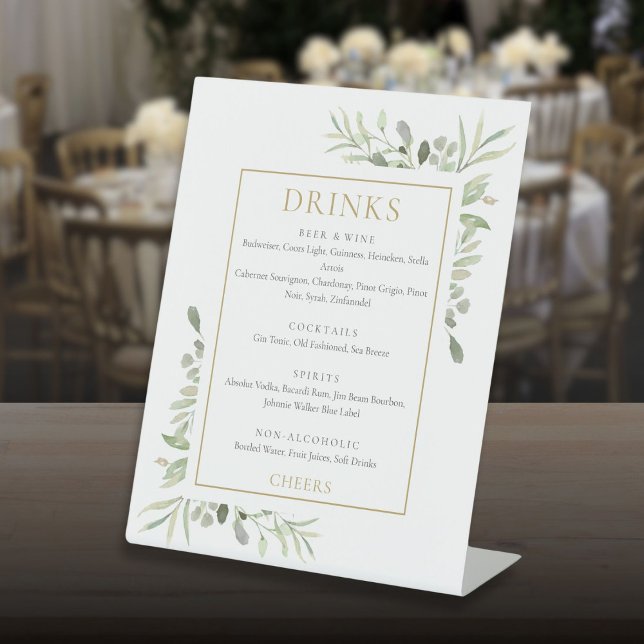 Expositor En L Menú de Bebidas Verde Acuarela (Watercolor Greenery Drinks Menu Pedestal Sign)