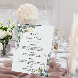 Expositor En L menú de cena con vegetación de eucalipto