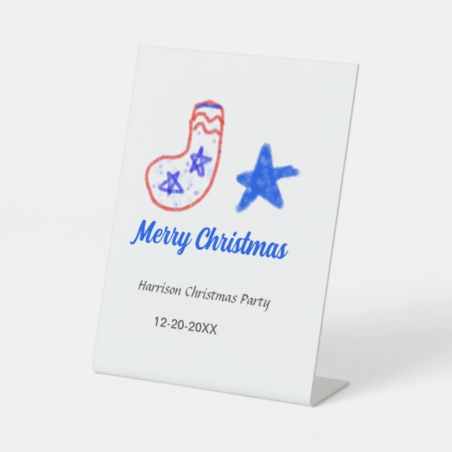 Expositor En L Merry Christmas blue star red stockings name date  (Anverso)