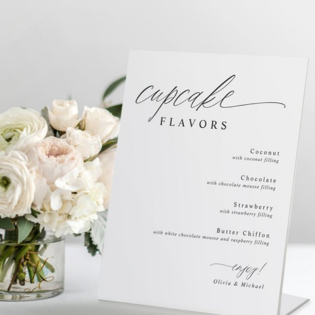Expositor En L Mesa de Postres de Cupcakes Boda (Cupcake flavors wedding sign with modern romantic calligraphy on self-standing display)