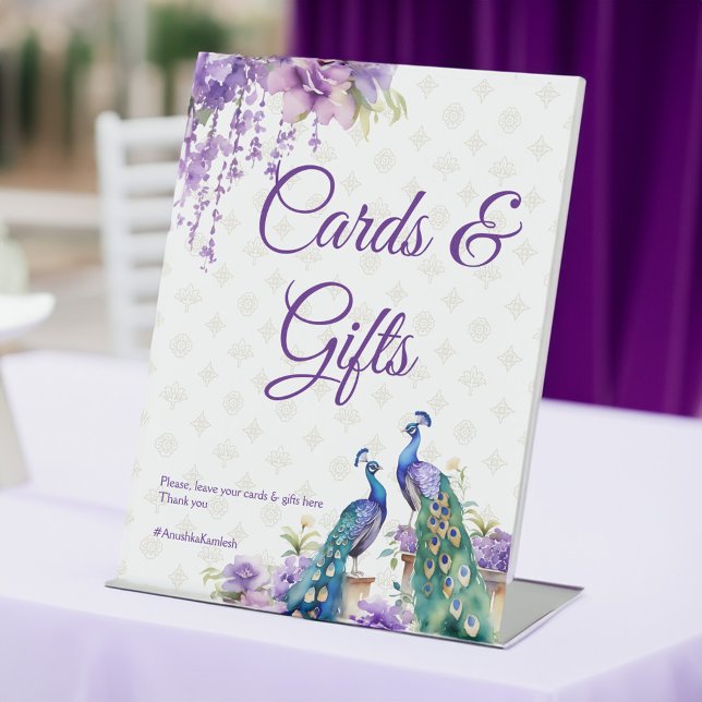 Expositor En L Mesa de regalos de bodas indios púrpura pavo real (Peacock purple Indian wedding decor gifts table Pedestal Sign personalized table sign)