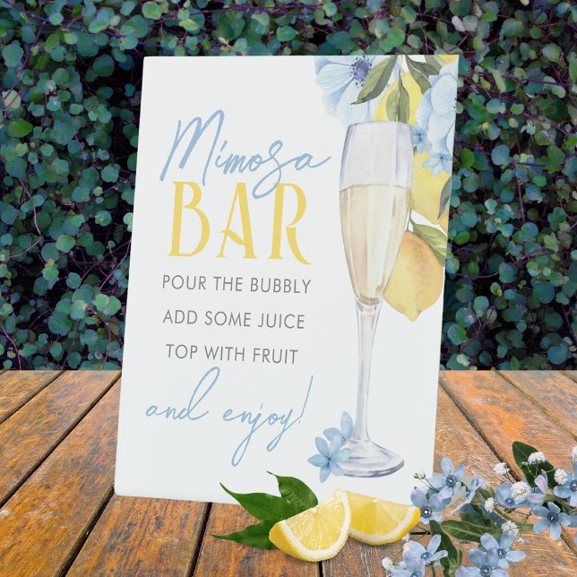 Expositor En L Mimosa Bar Watercolor Lemon Standing (Lemons and Blue Flowers Mimosa Pedestal Sign. Perfect for a Lemon Baby Shower or Main Squeeze Bridal)