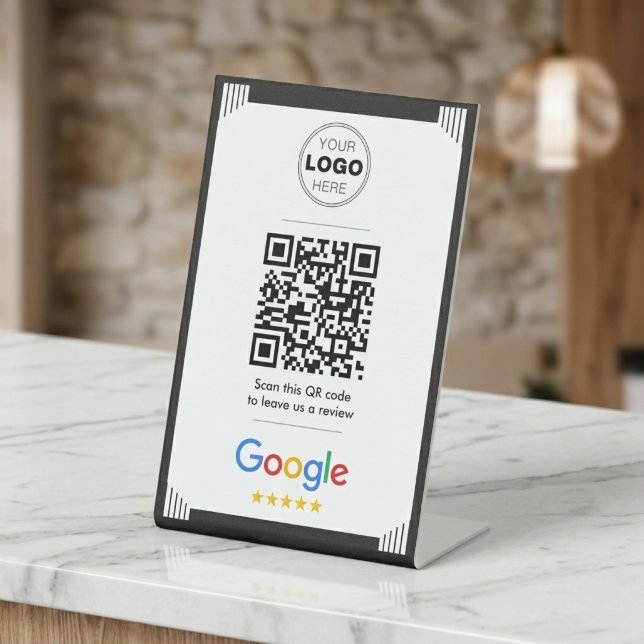 Expositor En L Minimalist Black Art Deco Google Review QR Code (Modern Minimalist Google Review QR Code Sign | Small Business Marketing)