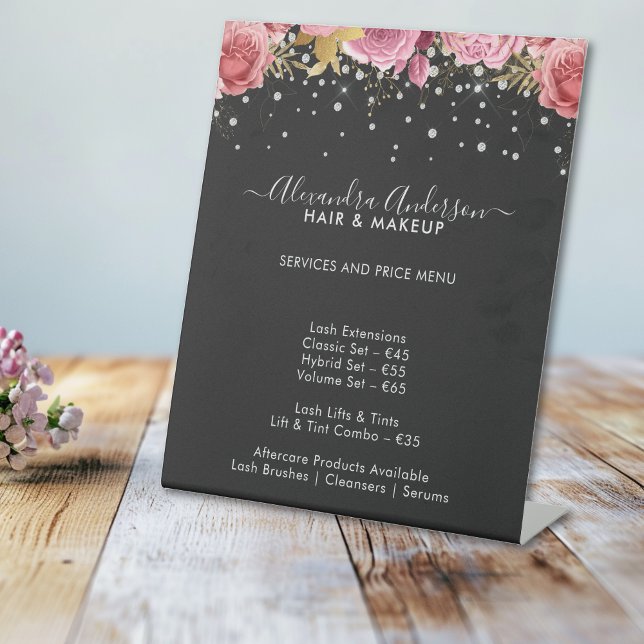 Expositor En L Modern Black Pink Floral Diamonds Glitter Price (Modern Black Pink Floral Diamonds Glitter Price Pedestal Sign)