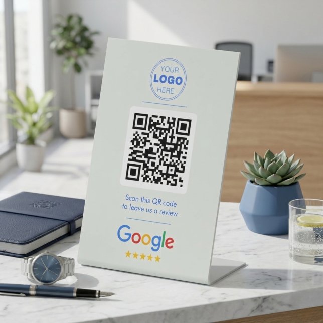 Expositor En L Modern Blue & White Business Review QR Code (Modern Blue & White Business Review QR Code Sign | Custom Logo)