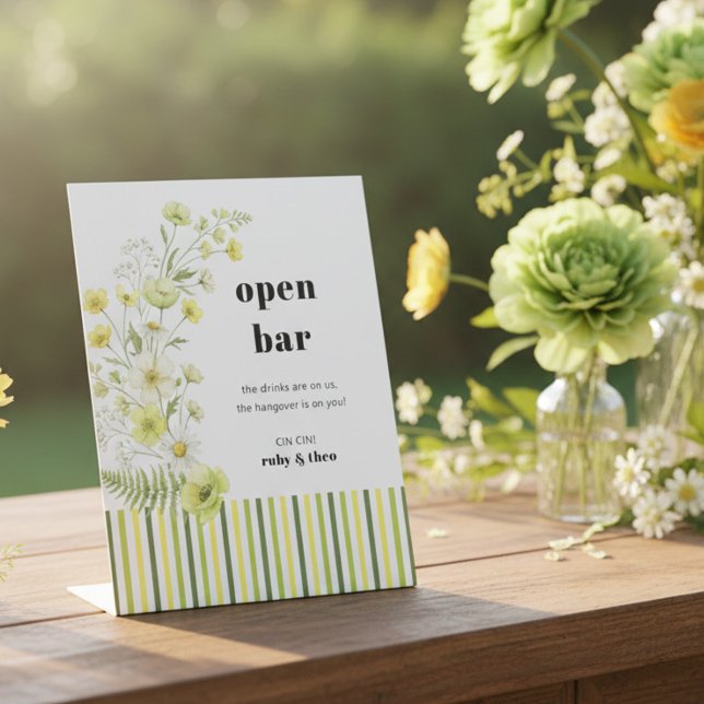 Expositor En L Modern Citrus Wildflower Stripe Wedding Open Bar (Open Bar sign from the Citrus Green Wildflower wedding collection by Darling & May)