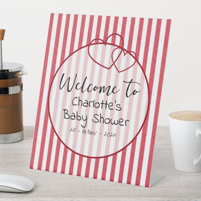 Expositor En L Modern Red Chalk Stripes Double Hearts Baby Shower (In Situ)