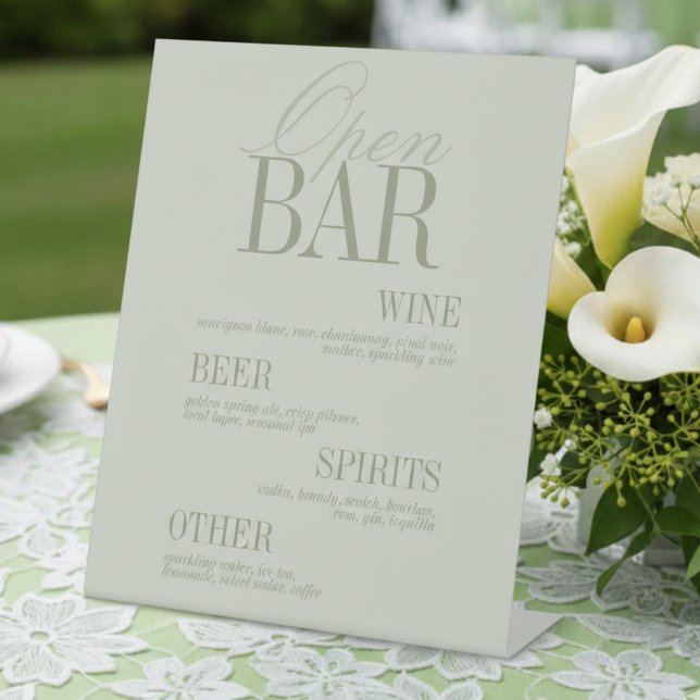 Expositor En L Modern Sage Green Open Bar Menu Wedding (Modern Sage Green Open Bar Menu Wedding Pedestal Sign)