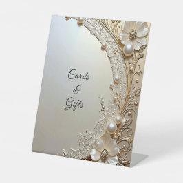 Expositor En L Modern White Flowers Pearls Tabletop Signs